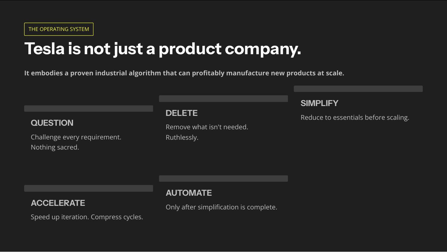 Question, Delete, Simplify, Accelerate, Automate
